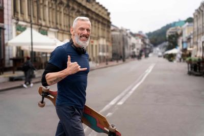 Weiterlesen auf Senior in der Innenstadt mit Longboard im Arm macht Shaka-Geste