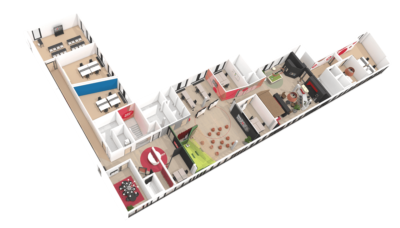 Meeting- und Coworking-Räume in einer Übersicht als 3D-Grafik